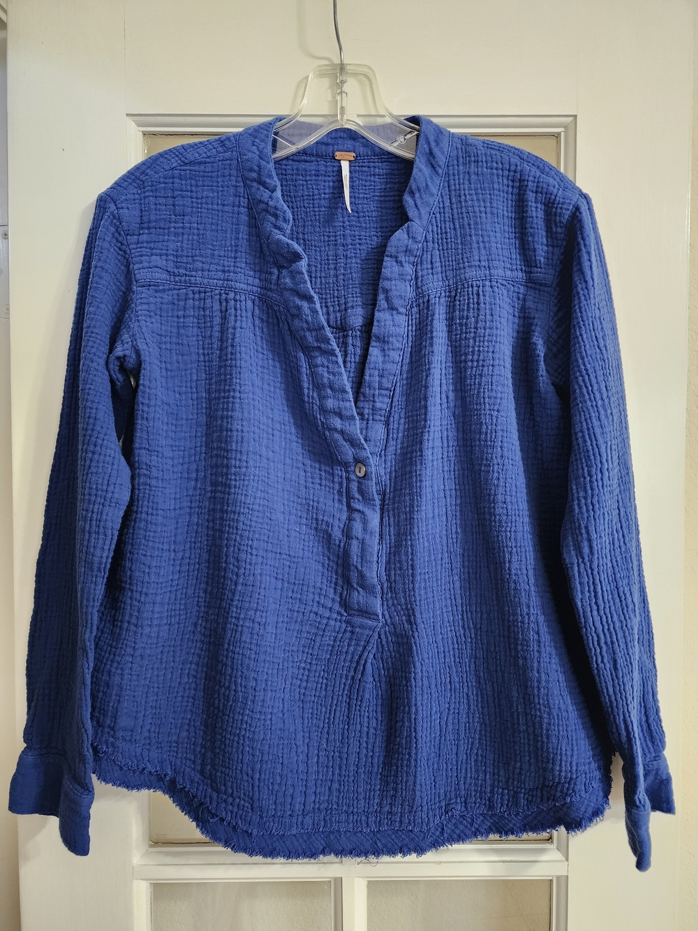 Free People Sand Dune Henley Blue Cotton Gauze Top Small Raw Hem